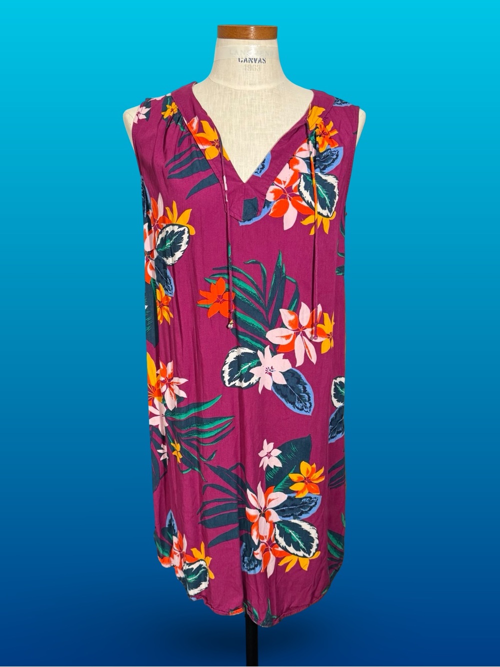 Old Navy Tropical Floral Sleeveless Tie Neck Shift Dress Magenta Purple Sz STall